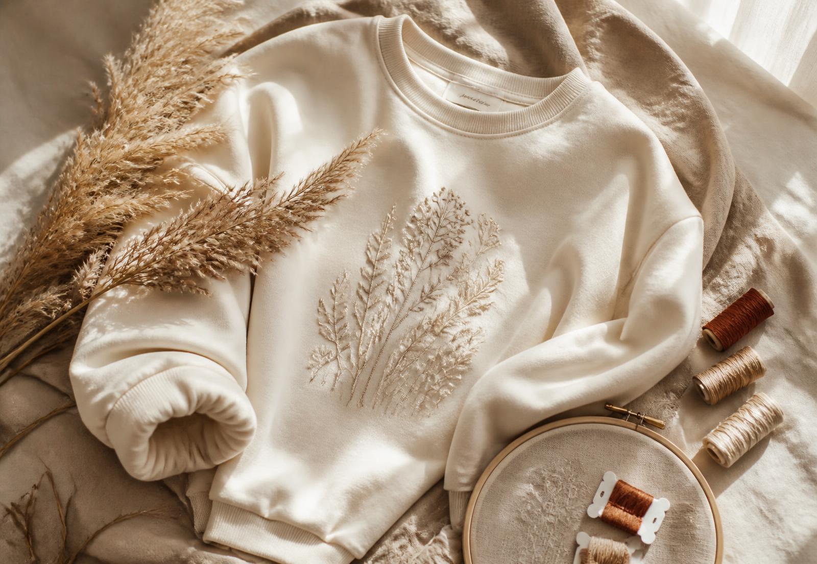 Cream sweatshirt with tonal wildflower embroidery beside thread spools and dried grasses